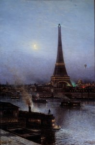 View of the Eiffel Tower at night in 1889 Painting by Alexei Petrovich Bogoliouboffdani