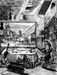 Den italienske musikinstrumentmager Antonio Stradivari i sit værksted, 1926.