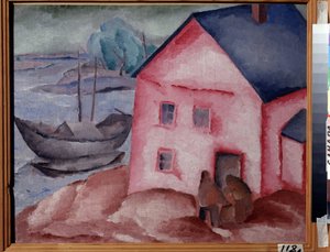 Et lyserødt hus nær floden (A Pink House at the River). Med et par, en båd og en fortøjet båd. Maleri af Alexei Ilyich Kravchenko (1889-1940), olie på lærred