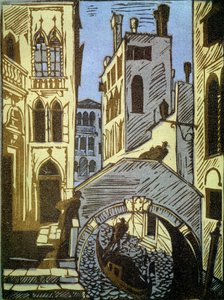 Venedig, Italien (Venedig). Kanal, gondol, bro og facader af byen. Værk af Alexei Ilyich Kravchenko (1889-1940), træsnit. Russisk kunst, landskab fra det 19.-20. århundrede. Statens Tretyakov-galleri, Moskva. (Rusland).