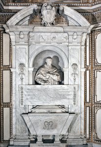 Begravelsesmonument til hyldest til kardinal Giovanni Garcia Mellini med portræt i buste Marmorskulptur af Alesssandro Algardi (1598-1654) 1630 omkring Rom-basilikaen Santa Maria del Popolo, Cappella Mellini
