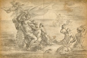 Venus sidder i sin havvogn og sutter på Amor af Alessandro Algardi
