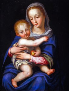 Madonna og barn (olie på forsølvet kobber) af Alessandro Allori