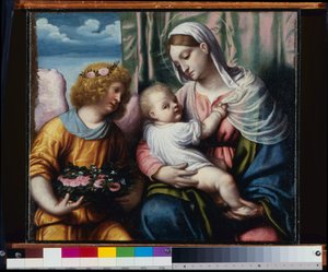 Madonna med barn og en engel af Alessandro Bonvicino Moretto