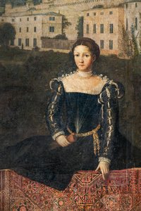 Portræt af en adelskvinde, detalje af de ædle damers lille værelse (olie på lærred limet til væggene) af Alessandro Bonvicino Moretto
