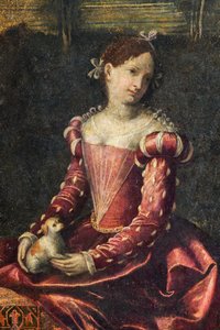 Portræt af en adelskvinde, detalje af de ædle damers lille værelse (olie på lærred limet til væggene) af Alessandro Bonvicino Moretto