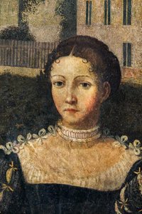 Portræt af en adelskvinde, detalje af de ædle damers lille værelse (olie på lærred limet til væggene) af Alessandro Bonvicino Moretto