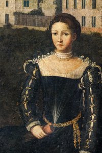 Portræt af en adelskvinde, detalje af de ædle damers lille værelse (olie på lærred limet til væggene) af Alessandro Bonvicino Moretto