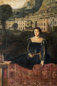 Portræt af en adelskvinde, detalje af de ædle damers lille værelse (olie på lærred limet til væggene) af Alessandro Bonvicino Moretto