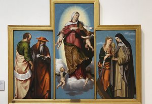 Jomfruens himmelfart med St. Mark og St. Hieronymus, St. Catherine of Alexandria og St. Clare, ca. 1529 (olie på lærred)