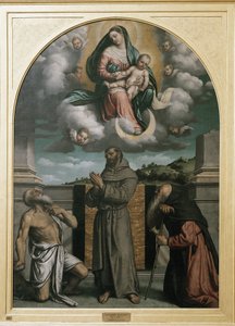 Jomfru og barn i herlighed, med Sankt Hieronymus, Sankt Frans af Assisi og Sankt Antonius (olie på lærred, ca. 1543)