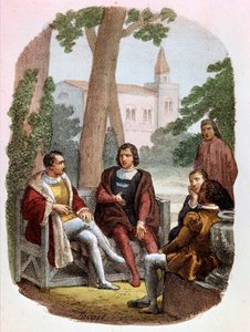 Fabrizio Colonna og Cosimo Rucellai diskuterer krigskunsten - i "" komplette værker af Niccolo Machiavelli "", illustration af Alessandro Focosi (1836 - 1869). "The Art of War" af Niccolo af Bernardo Dei Machiavelli (Nicolas Machiavel