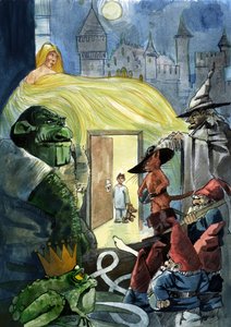 Et barn, der stirrer på eventyrets karakterer som Pus i støvler, en prinsesse og en tudse, Seven Dwarfs af Alessandro Lonati