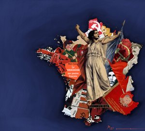 En mariana på baggrund af kommunistisk collage. Allegori over kommunismen i Frankrig. 2010 Farvetegning af Alessandro Lonati. af Alessandro Lonati