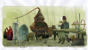 Alkymist i sit laboratorium med krukker og stadig (alkymist i sit laboratorium med krukker og stadig) Illustration af Alessandro Lonati af Alessandro Lonati