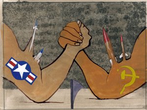 Allegorisk fremstilling af den kolde krig som en armkamp mellem væbnede styrker i Amerika og Sovjetunionen Illustration af Alessandro Lonati