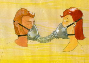 Forventning, forurening: et par, der deler den samme gasmaske Illustration af Alessandro Lonati af Alessandro Lonati