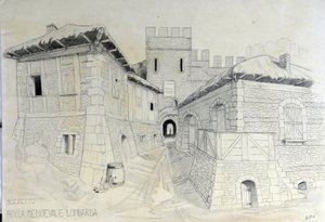 Middelalderens arkitektur: udsigt over voldene i en middelalderlig langobardisk by. Blyantskitse af Alessandro Lonati. af Alessandro Lonati