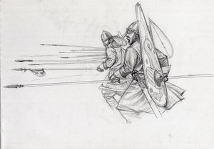 Angreb af normanniske krigere af infanteriet i slaget ved Hastings i 1066. Tegning af Alessandro Lonati. af Alessandro Lonati
