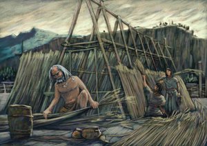 Opførelse af palafitte-huse, forhistoriske huse. af Alessandro Lonati