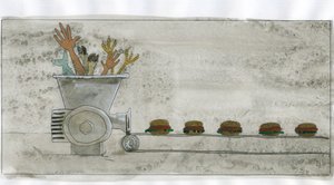 Forbrugersamfundet: produktion af junkfood, hamburger lavet med menneske- og dyrerester (forbrugerisme: produktion af junkfood, hamburger lavet med menneske- og dyrerester) Illustration af Alessandro Lonati af Alessandro Lonati