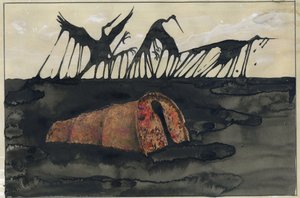Økologisk katastrofe: olierede fugle på en strand efter forliset af en olietanker eller oliedunke overtunet på stranden Illustration af Alessandro Lonati af Alessandro Lonati
