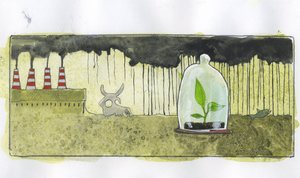 Økologi, forurening: en lille grøn plante holdt i en klokke omgivet af dyreskeletter, i et miljø forurenet af fabriksskorstene Illustration af Alessandro Lonati af Alessandro Lonati