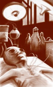 Fantastisk væsen: et rumvæsen udsat for laboratorietests. Illustration af Alesandro Lonati. 2010 af Alessandro Lonati