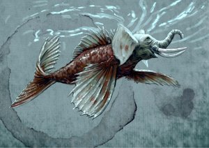 Fantastiske monstre og væsner, kryptozoologi: repræsentation af et makara, vanddyr fra Indiens mytologiske bestiarium, det har en snabel, der bringer det tættere på havelefanten, krokodillens tand og en fiskehale - Tegning af Alessandro Lon