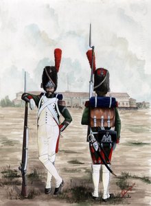 First Empire (1804-1814 og 1815): Grenadersoldater fra Royal Guard of the Great Napoleonic Armee på pladsen ved Sforzesco Castle i Milano, Italien. Tegning af Alessandro Lonati af Alessandro Lonati