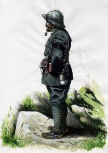 Første Verdenskrig 1914-1918: Alpine jægerofficer (alpine jæger) fra den italienske hær på Front des Alpes. Tegning af Alessandro Lonati af Alessandro Lonati