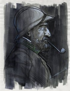 Første Verdenskrig 1914-1918: Profilportræt af en soldat fra den italienske hær, der røg pibe i 1915. Tegning af Alessandro Lonati af Alessandro Lonati