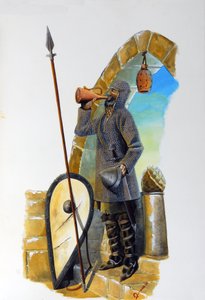 Første korstog: en trane i hvile, udstyret med sin frakke af mesh, drikker karaflen, hans skjold og hans spyd er placeret i nærheden af ham. Illustration af Alessandro Lonati af Alessandro Lonati