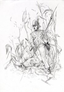 Første imperium (1804-1814 og 1815): soldat fra Napoleons hær, infanterist stormede gennem en majsmark med en såret kammerat. Tegning af Alessandro Lonati af Alessandro Lonati