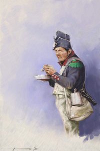 Første imperium: let infanterisoldat under måltid under et felttog af Napoleon I (sandsynligvis i Rusland) Begyndelsen af det 19. århundrede. Illustration af Alessandro Lonati. 2010 af Alessandro Lonati