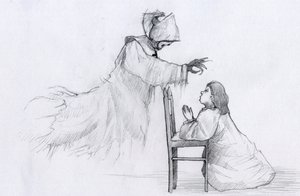 Spøgelse af en ældre nonne med skæve hænder viser sig for en lille pige, der beder Illustration af Alessandro Lonati af Alessandro Lonati