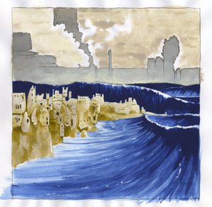 Illustration af myten om øen forsvundet under Atlantishavet (Atlantis): udsigt over det urolige hav efter vulkanudbruddet, der oversvømmede den legendariske ø. Farvetegning af Alessandro Lonati. af Alessandro Lonati