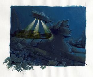 Illustration af myten om øen forsvandt under Atlantishavet (Atlantis): en ubåd (ubåd) udforsker bunden og opdager ruinerne af den legendariske ø. Farvetegning af Alessandro Lonati. af Alessandro Lonati