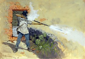 Italiensk felttog: en østrigsk infanterist åbner ild i slaget ved Solferino mellem det østrig-ungarske imperium af Francois-Joseph (Francois Joseph) I af Østrig og den fransk-sardinske koalition af Napoleon III og Victor Emmanuel II (Victor-Emmanu) af Alessandro Lonati