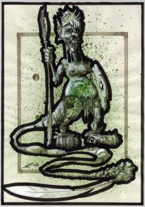 Legendarisk monster til Fantasy-illustration: ansigt af et stammevæsen eller kriger med spyd, skjold og fjerhale. Tegning af Alessandro Lonati af Alessandro Lonati
