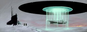 Møde på Nordpolen mellem en u-støvle-ubåd og en flyvende tallerken (UFO, UFO eller rumvæsen) til tilbagelevering af en ubåd taget af rumvæsner under krigen. Tegning af Alessandro Lonati