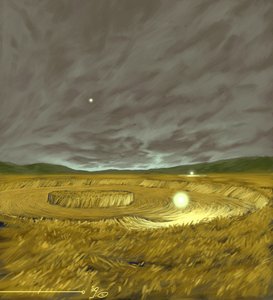 Mystiske fænomener: repræsentation af den legendariske dannelse af korncirkler (agroglyph, korncirkel eller hvedecirkel) geometriske former lavet i hvedemarker, som ifølge visse teorier er udlændinges værk (UFO eller UFO