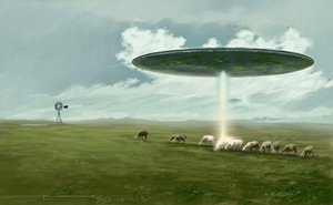 Mystisk fænomen: en flyvende tallerken (alien eller UFO eller UFO), der fjerner et får (bortførelse). Tegning af Alessandro Lonati
