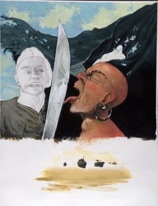 Portræt af en pirat (privatmand), der udfordrer sin modstanders sværd ved at røre ham med tungen med det glade Roger-flag i bunden. Nedenfor studietegning til spøgelsesbåd (spøgelsesskib). Farvetegning af Alessandro Lonati. af Alessandro Lonati