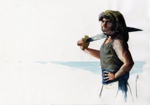 Portræt af en pirat (privatmand) eller sømand med et sværd, der kigger på havet. Farvetegning af Alessandro Lonati. af Alessandro Lonati