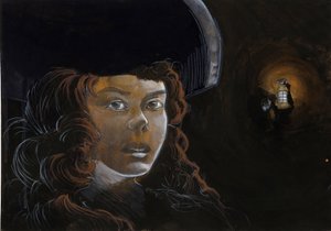 Portræt af en piratkvinde (privatmand) eller sømand om natten, oplyst af en anden pirats lanterne. Farvetegning af Alessandro Lonati. af Alessandro Lonati
