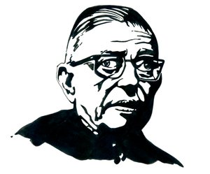 Portræt af den franske forfatter, filosof og dramatiker Jean-Paul (Jean Paul) Sartre Tegning af Alessandro Lonati