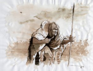 Forhistorie: repræsentation af en neandertaler eller neandertaler mand i mellempaleolitikum. Tegning af Alessandro Lonati af Alessandro Lonati