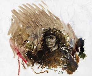 Forhistorie: repræsentation af en neandertaler eller neandertaler mand i mellempaleolitikum. Tegning af Alessandro Lonati af Alessandro Lonati