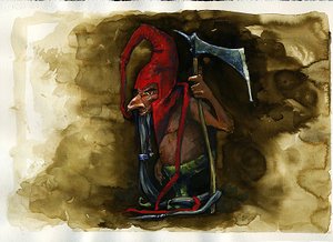 Repræsentation af en rød hætte (rød cap, powrie eller dunter, rød -bonnet) legendarisk ondskabsfuld væsen af Goblin -familien fra britisk folklore - (Redcap, Malevolent Morderous Dwarf, Goblin, Elf eller Fairy, af Alessandro Lonati